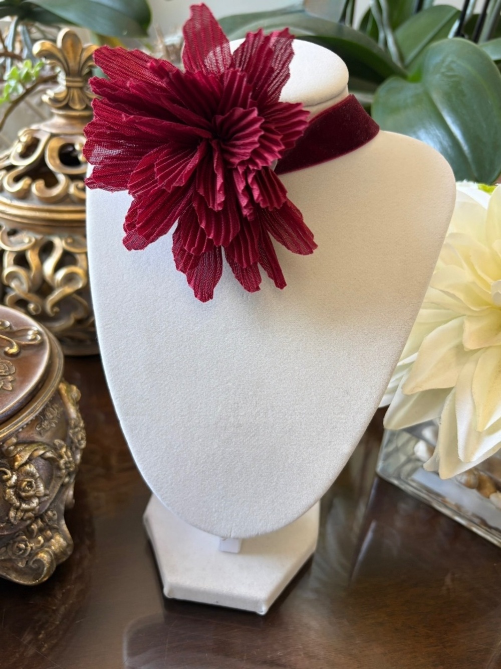 Burgundy Flower Choker on Burgundy Velvet with Goldtone Clasp